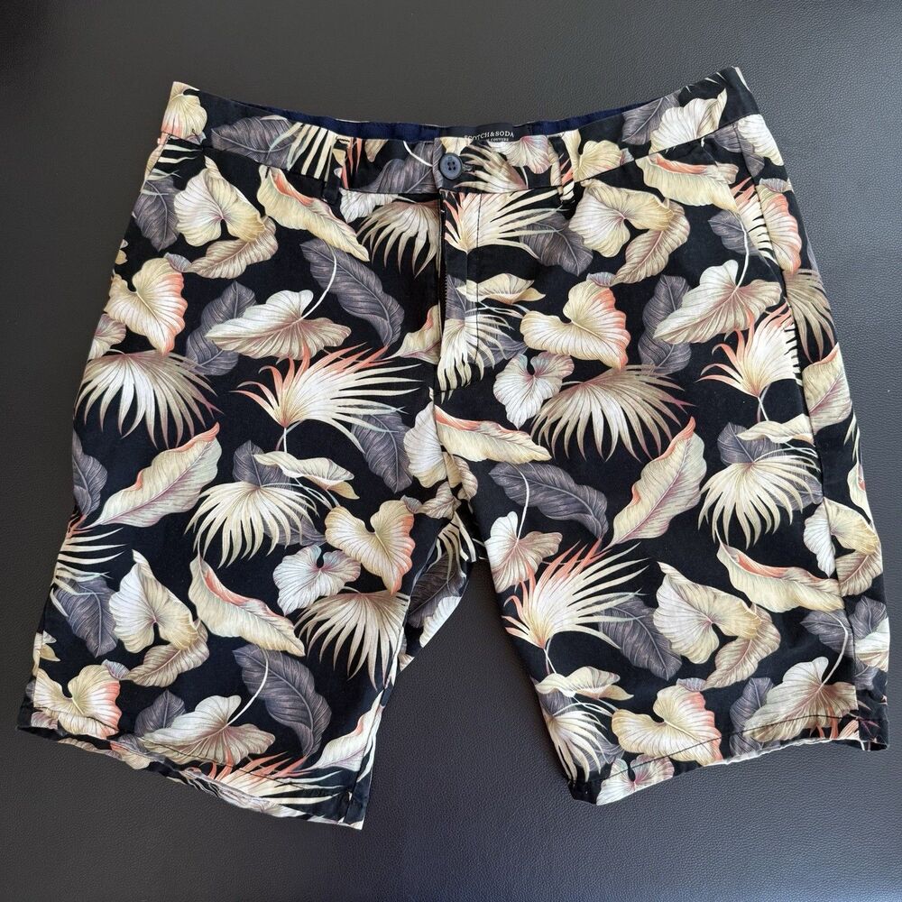 Scotch & Soda Men Sz 32 Tropical Palm Leaf Chino Shorts Black Botanical Coastal